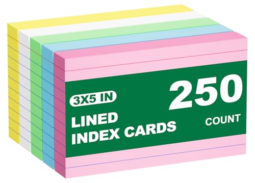 Colored Index Cards 3x5 Inch, 250 Count Ruled Flash Cards for Studying, 50 Pack Of 5, Multilcolor Notecards Lined Flash Cards Bulk, Neon Flashcards Note Cards, 3x5 Index Cards for School, Home, Office - color: Multicolored-3x5-250