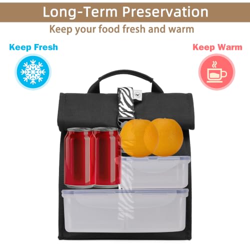 SUNNY BIRD Insulated Lunch Bag Rolltop Lunch Box (Black with white strap) - color: Black with white strap