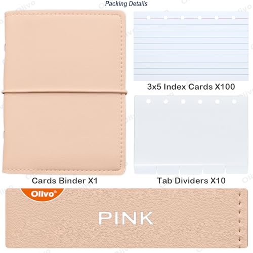 3x5 Lined Index Cards with Ring Binder Holder and Dividers, 100 Note Cards, Pink - color: Pink