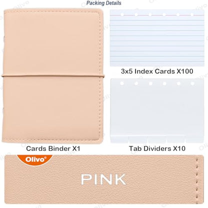 3x5 Lined Index Cards with Ring Binder Holder and Dividers, 100 Note Cards, Pink - color: Pink