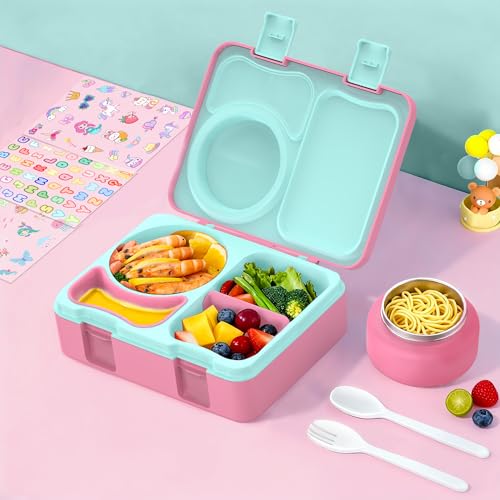 Bento Box for Kids, Leakproof Kids Bento Lunch Box Container with 8oz Insulated Thermo Food Jar, Sauce Jar, Utensil, DIY Stickers for School Boys Girls, 3-4 Compartments, BPA-Free - color: Rose Pink