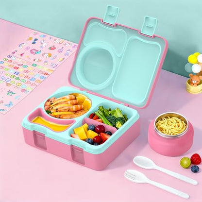 Bento Box for Kids, Leakproof Kids Bento Lunch Box Container with 8oz Insulated Thermo Food Jar, Sauce Jar, Utensil, DIY Stickers for School Boys Girls, 3-4 Compartments, BPA-Free - color: Rose Pink
