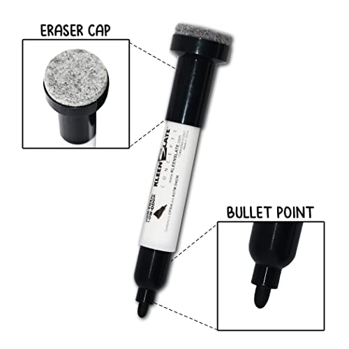 KleenSlate (12) Pack Large Black Dry Erase Markers with Eraser Cap, Round Point