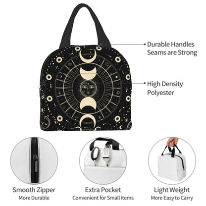 Nerxy Sun and Moon Mystic Astrology Tarot Goth Insulated Lunch Bag Black Lunch Box Reusable Cooler Tote Bag Woman 8x5x8.5inch Waterproof Meal Container for Work School Travel Office Picnic - color: Mystic