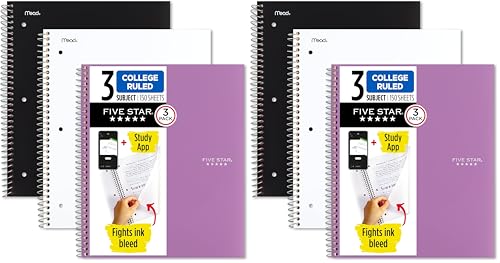 Five Star Spiral Notebook + Study App,3 Subject,College Ruled Paper,11" x 8-1/2",150 Sheets,Assorted Colors (820192),(Pack of 6) - color: Black, White, Amethyst Purple, size: 6 Pack