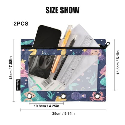 Gredecor 3 Ring Binder Pencil Pouch, Cute Mermaids Seaweed Fishes-1 Zippered Pen Case Pouches with Clear Window, 2 Pack Stylish Office & School Supplie - color: Cute Mermaids Seaweed Fishes-1