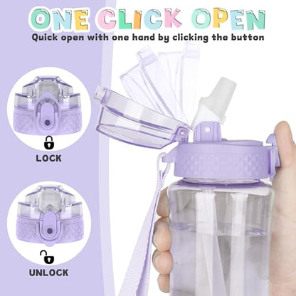 OLDLEY 12oz Kids Water Bottle, Tritan BPA-Free, Leakproof Flip Straw Lid, Motivational Time Marker, Carry Strap, Reusable Clear Water Bottle for Boys & Girls,Amethyst - color: Amethyst, style: 12 Ounces