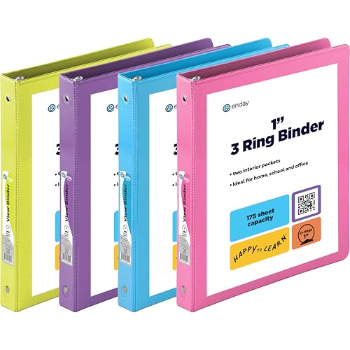 1 Inch 3 Ring Binder 1” Binder Clear View Cover with 2 Inside Pockets, Colored School Supplies Office and Home Binders Assorted Colors May Vary (4 Pack) – by Enday - size: 1-Inch
