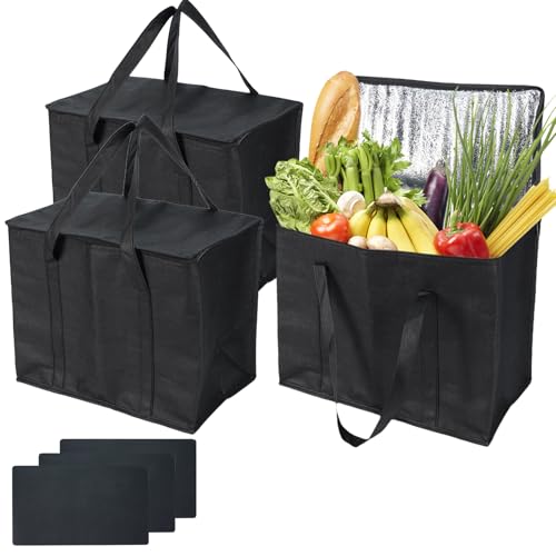 3Pcs Insulated Grocery Shopping Bag, FHDUSRYO 40L Large Black Food Delivery bags, Durable Thermal Cooler Bags with Handles and Bottom Plates, Reusable Lunch Container for Catering Grocery (43x26x33cm)