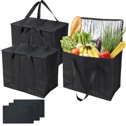 3Pcs Insulated Grocery Shopping Bag, FHDUSRYO 40L Large Black Food Delivery bags, Durable Thermal Cooler Bags with Handles and Bottom Plates, Reusable Lunch Container for Catering Grocery (43x26x33cm)