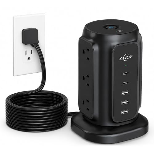 AiJoy 10FT Flat Plug Power Strip Tower with 9 AC Outlets and 5 USB Ports | 1200J Surge Protector Power Strip Outlet Extender Charging Station for Home, Office Supplies, Dorm Essentials - color: Black-10FT