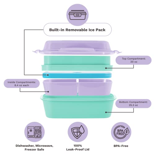 Ultimate Bento Box - Lunch Box for Kids & Adults with Removable Ice Pack - Leakproof, Multi-Compartment Food Container with Removable Containers - Microwave & Dishwasher Safe(Purple, Green, Purple) - color: Purple, Green, Purple