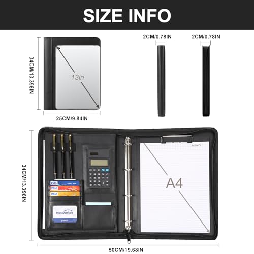 Leathario Portfolio Binder, Includes 10 Sheet Protectors and a Pen, 13 Inch Tablets Organizer, Vegan Leather A4 Padfolio, Multi-Pocket Notepad Business Planner Professional 3 Ring Document - color: Black-3 Ring