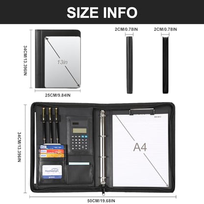 Leathario Portfolio Binder, Includes 10 Sheet Protectors and a Pen, 13 Inch Tablets Organizer, Vegan Leather A4 Padfolio, Multi-Pocket Notepad Business Planner Professional 3 Ring Document - color: Black-3 Ring