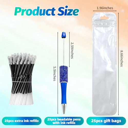 75 Pcs DIY Diamond Beadable Pen Kit - 25 Plastic Rhinestone Beaded Pens Bulk with Refills & Bags - Fancy Cute Glitter Pens for Crafting, Students & Teachers – School Supplies (Blue01) - color: Sapphire blue, size: 25