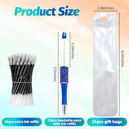 75 Pcs DIY Diamond Beadable Pen Kit - 25 Plastic Rhinestone Beaded Pens Bulk with Refills & Bags - Fancy Cute Glitter Pens for Crafting, Students & Teachers – School Supplies (Blue01) - color: Sapphire blue, size: 25