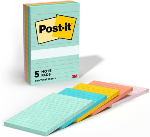 Post-it Notes, 4 in x 6 in, 5 Lined Sticky Note Pads, 100 Sheets per Pad, Beachside Café Collection, School Supplies and Office Products (Pack of 12) - size: 6.1" x 4.9" (Pack of 12)