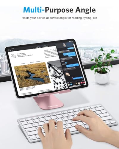 OMOTON T1 Adjustable Tablet Stand for Desk, Aluminum Holder Rose Gold | Solid Metal Build | Charging Cutout | Anti-Slip Silicone Pads | Multi-Angle Adjustable | Fits 3.5-12.9" | Holds Thick Cases - color: Rose Gold