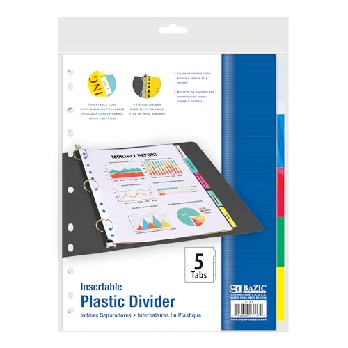 BAZIC Products Binder Dividers, 5 Insertable Color Tabs, 24-Box | 5 insertable clear color tabs with white label inserts, reinforced 3-hole edge fits 3-ring binders - color: Color Dividers (5-tabs), size: 24-Pack