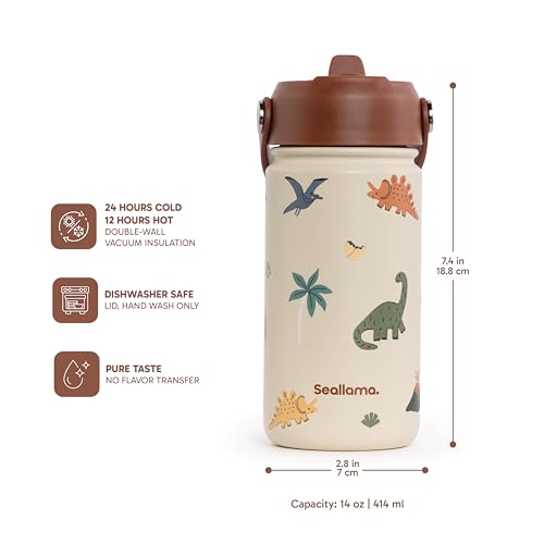 Seallama. Kids Water Bottle - 14 oz Stainless Steel Tumbler with Straw Lid, Vacuum Insulated Double Wall Travel Cup, Leak-Proof Reusable Drink Bottle for School & Everyday Hydration - color: Jurrasic Jive