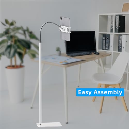 Tablet Floor Stand Holder with Flexible Gooseneck and Stable Base, Compatible with Tablet and Cell Phones (3.5''-9.7''), White - color: WHITE