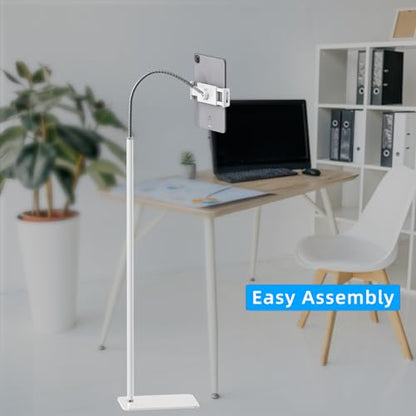Tablet Floor Stand Holder with Flexible Gooseneck and Stable Base, Compatible with Tablet and Cell Phones (3.5''-9.7''), White - color: WHITE