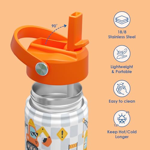 Kid Water Bottle 12oz with Straw Lid - 2-Pack Insulated Stainless Steel Water Bottles for Kids Boys- Travel Cup for Back to School Sports Christmas Birthday (Construction & School Bus) - color: Construction + School Bus