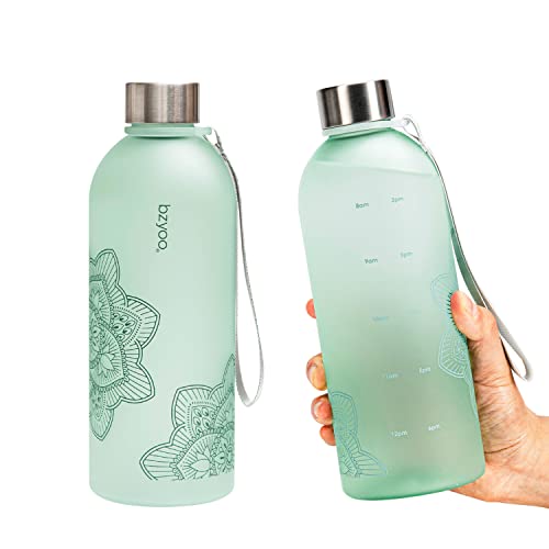 bzyoo 32 OZ 1 Liter Time Marker Water Bottle BPA Free Frosted Durable Plastic With Strap - Reusable Times To Drink For Sports Gym Valentines Gifts Him & Her (Color: Green) - color: Green