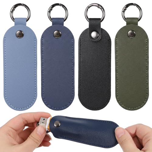 4PCS Anti Lost Small Protective Case Cover with Keychain, Leather Storage Case, Flash Drive Case, Portable Small Storage Carrying Case for USB Flash Drive/Card Reader/Voice Recorder
