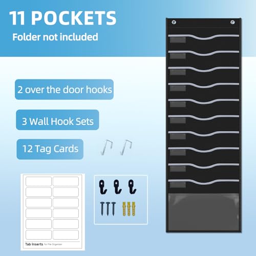ALSLEA 11 Pockets Hanging Wall File Organizer 15" Extra Wide Pocket Chart for Classroom, Office, Home, Mail Organizer Wall Mounted with 1 Writable Clear Pocket, 5 Wall/Door Hooks & 12 Labels (Black) - size: Large (11 Pockets)