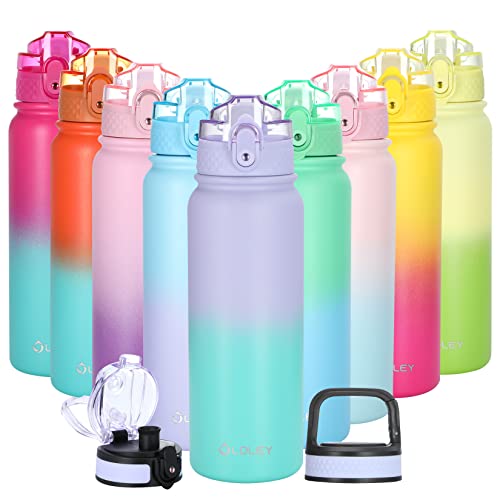 Oldley Insulated Water Bottle with Straw 20oz Stainless Steel Water Bottles with 3 lids Double-Wall Vacuum Thermal for Kids Adults School Sports,Purple green - color: Purple green, size: 20 Ounces