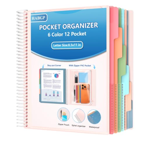HABGP 12 Pocket Plastic folders with Pockets, 6 Colors Multi Pocket Folder Binder Dividers, Multi-Subject Project Organizer for Office, School Supplies, Letter Size - color: White, size: 12 Pocket