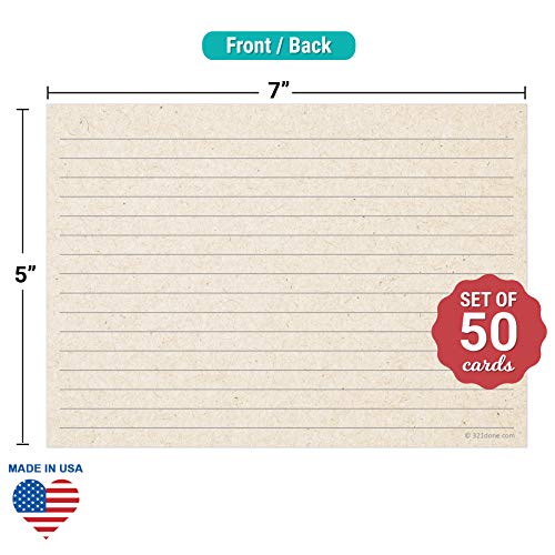 321Done Ruled Note Cards, 5x7 Thick Index Cards - Kraft Tan Card Stock, Notecards & Stationery with Lines for Writing, Stamping - Made in USA, Set of 50 - No Envelopes - size: Large (5 x 7)