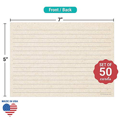 321Done Ruled Note Cards, 5x7 Thick Index Cards - Kraft Tan Card Stock, Notecards & Stationery with Lines for Writing, Stamping - Made in USA, Set of 50 - No Envelopes - size: Large (5 x 7)