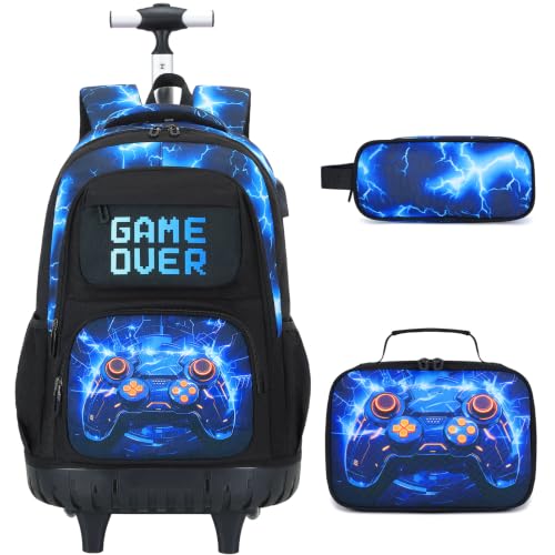 Scothen 3PCS Rolling Backpack for Boys, Cool Gamer Roller Backpack with Wheels, Kids Boy Wheeled Backpacks with Lunch Bag Pencil Case for Teens Bookbag Kindergarten Elementary Middle School - color: Blue Lighting