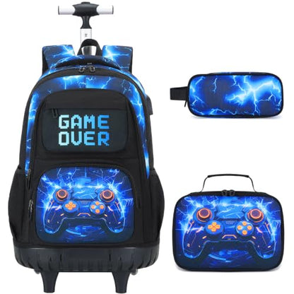 Scothen 3PCS Rolling Backpack for Boys, Cool Gamer Roller Backpack with Wheels, Kids Boy Wheeled Backpacks with Lunch Bag Pencil Case for Teens Bookbag Kindergarten Elementary Middle School - color: Blue Lighting