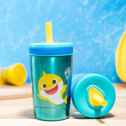 Zak Designs Baby Shark Kelso Tumbler Set, Leak-Proof Screw-On Lid with Straw, Bundle for Kids Includes Plastic and Stainless Steel Cups with Bonus Sipper (3pc Set, Non-BPA) - color: Baby Shark, size: 3 Piece Set (Pack of 1)