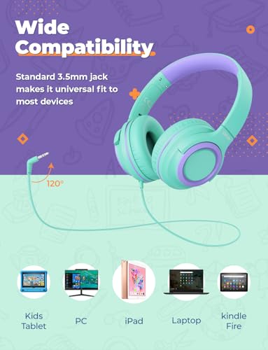 iClever 2Pack Kids Headphones with Sharing Splitter - 85dBA Safe Volume Limited - HS22 Wired Headphones for Kids Teens, Tangle-Free 3.5mm Jack Foldable Stereo for School/Tablet/Travel - color: Green & Blue