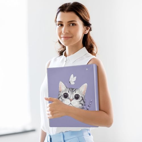 Fustylead Lovely Cat and Butterfly Lavender 3 Ring Binder, D-Rings 1.5" Hardcover Folder, Fits 200 Sheets of A4 Paper, Durable Clipboard & Clean View with Inside Pockets for School Home Office - size: 12.4x10.63x2.36 Inch-2 Pack