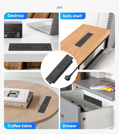 Recessed Power Strip with PD 20W USB-C, Flush Mounted Drawer Outlet, 4 Outlets & 3 USB Ports, Conference Desktop Built in Power Strip, 6FT Extension Cord(Black) - size: 6FT, style: 20W-2A1C-Black