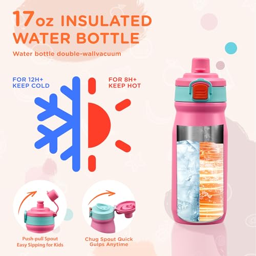 MAISON HUIS Bento Box for Kids with 8oz Soup Thermo, Insulated Lunch Bag & 17oz Water Bottle, 2-Compartment Bento Box with Built-In Ice Pack, Leak-Proof & BPA-Free (Pink) - color: Pink