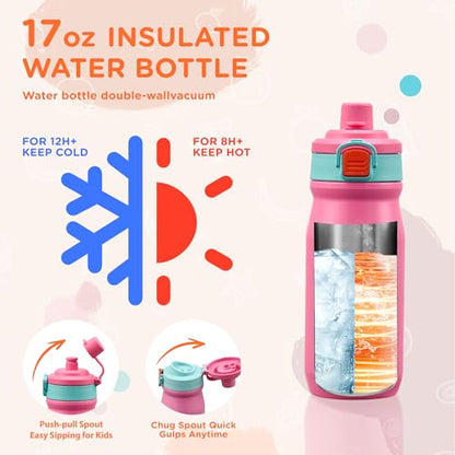 MAISON HUIS Bento Box for Kids with 8oz Soup Thermo, Insulated Lunch Bag & 17oz Water Bottle, 2-Compartment Bento Box with Built-In Ice Pack, Leak-Proof & BPA-Free (Pink) - color: Pink