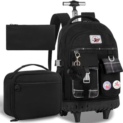 AGSDON Rolling Backpack for Girls, 21" Women Roller Wheels Bookbag, Laptop Wheeled Suitcase School Backpacks with Lunch Bag for Teens - color: Square Black