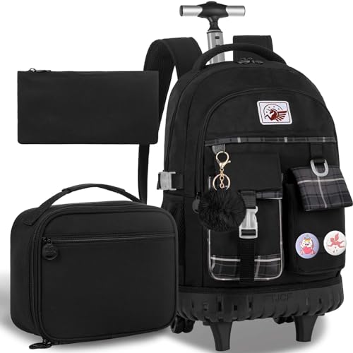 AGSDON Rolling Backpack for Girls, 21" Women Roller Wheels Bookbag, Laptop Wheeled Suitcase School Backpacks with Lunch Bag for Teens - color: Square Black