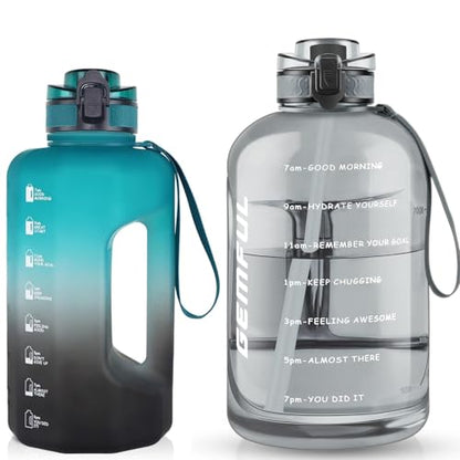 GEMFUL 2 Pack Gallon Water Bottle with Time Marker Handle 74oz and 101oz BPA-Free Leakproof Jug for Gym Hiking Camping