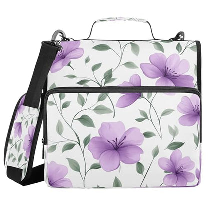 Kigai Purple Flowers 3 Ring Zipper Binder with Handle & Shoulder Strap Trapper Keeper Expanding File Multiple Pockets Binder Organizer