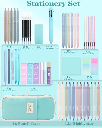54pcs Aesthetic School Supplies Cute Stationary Set with Pencil Case 12 Highlighters, 5 Black & 6 Color Ink Gel Pens, 6-in-1 Ballpoint Pen,5 Mechanical Pencils 0.5-2.0mm for College Essentials (Blue) - color: Blue
