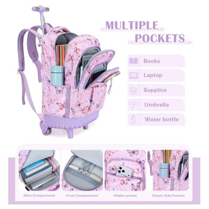 DIGOBAY Rolling Backpack for Girls, Cute Girls Backpack with Wheels, Kids Wheeled backpacks Set with Lunch Bag Pencil Case for Teen Girl, Roller School Bag with Wheels for Elementary Middle School - color: Butterfly