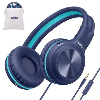 SIMOLIO Stereo Wired Headphones Teens Adults Kids Youths w/Mic & Volume Control & Volume Limited & Share Port & Portable Pouch, Safe Volume Durable Headset for Online School Gaming PC Laptop Travel