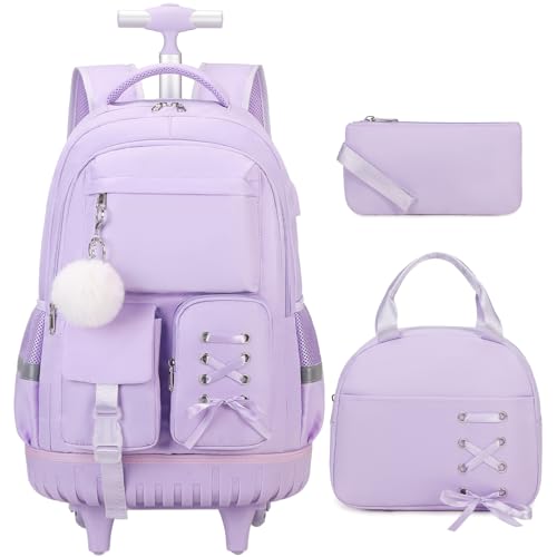 Scothen Rolling Backpack for Girls, Girls Backpack Set with Lunch Box & Pencil Pouch for Teen Girl Kids Children Elementary Middle School, Bookbag Daypack Laptop Travel Backpack with Wheels (Purple) - color: Purple